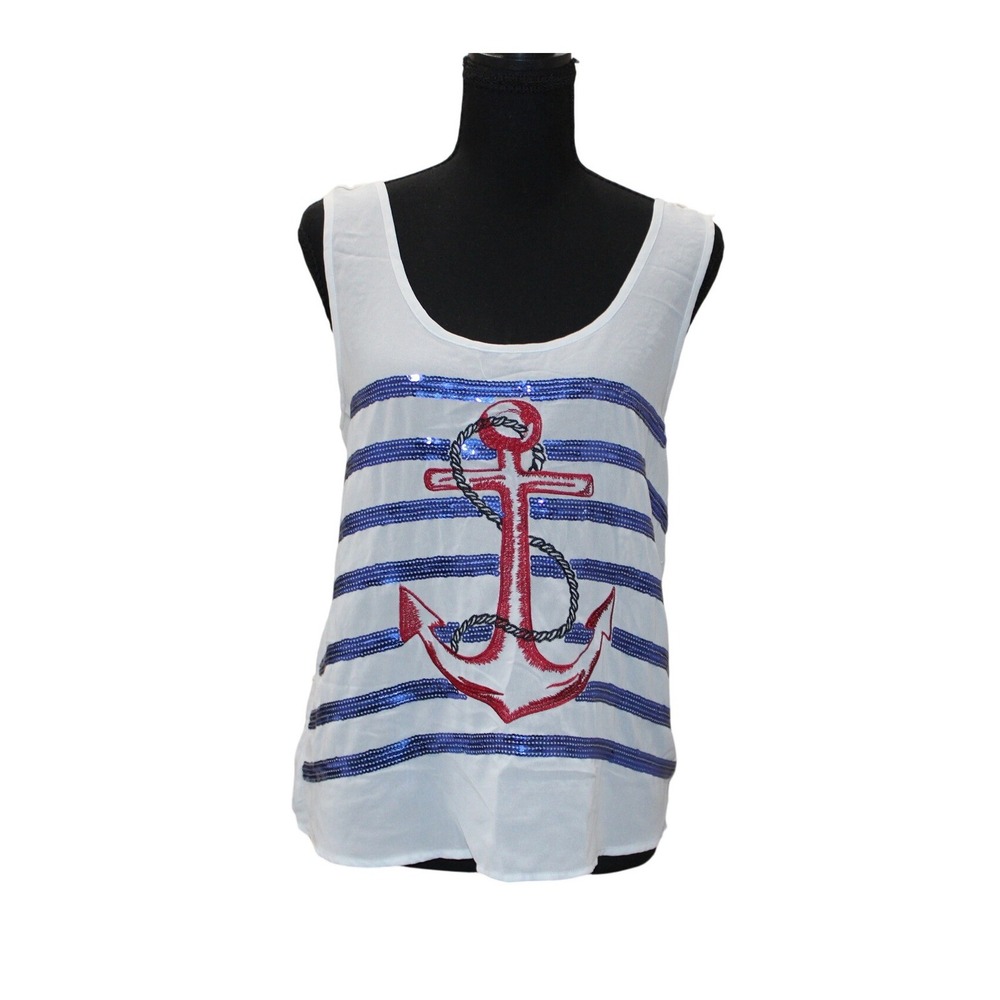 The Classic Tank Top Womens S White Blue Red Excellent Nautical Sequin Crochet
